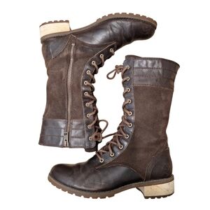 Timberland Dark Brown Lace Up Side Zip Block Heel Tall Leather Combat Boots 7
